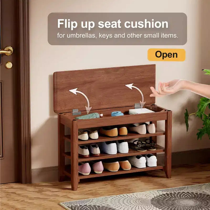 Alistair Mid-Century Modern Rubberwood Shoe Storage Bench