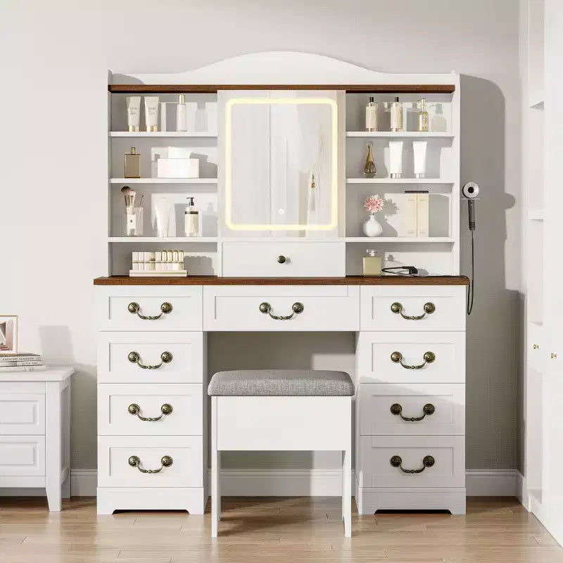 47 Makeup Vanity Desk with Mirror and Lights, Large Dressing Table with 10 Drawers & 8 Open Storage & Stool, Makeup Table Set for Bedroom