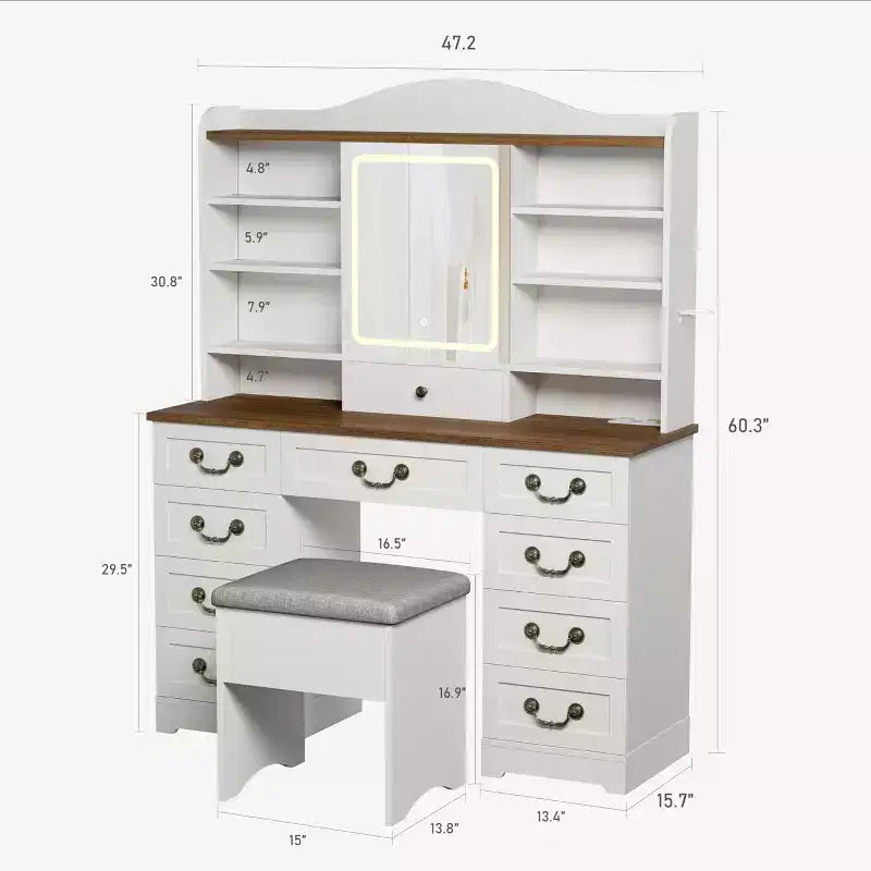 47 Makeup Vanity Desk with Mirror and Lights, Large Dressing Table with 10 Drawers & 8 Open Storage & Stool, Makeup Table Set for Bedroom