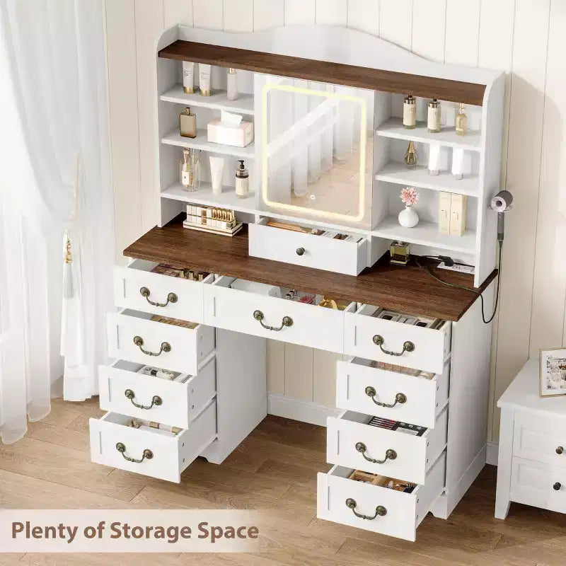 47 Makeup Vanity Desk with Mirror and Lights, Large Dressing Table with 10 Drawers & 8 Open Storage & Stool, Makeup Table Set for Bedroom