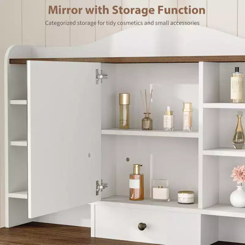 47 Makeup Vanity Desk with Mirror and Lights, Large Dressing Table with 10 Drawers & 8 Open Storage & Stool, Makeup Table Set for Bedroom