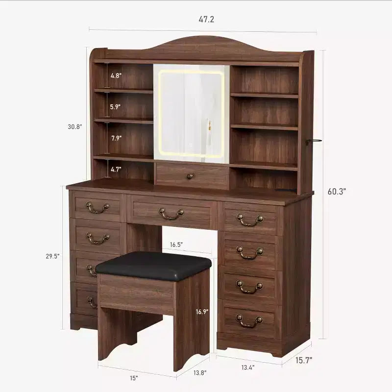 47 Makeup Vanity Desk with Mirror and Lights, Large Dressing Table with 10 Drawers & 8 Open Storage & Stool, Makeup Table Set for Bedroom