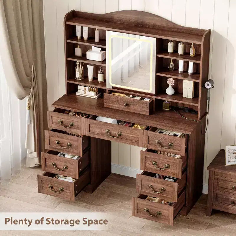 47 Makeup Vanity Desk with Mirror and Lights, Large Dressing Table with 10 Drawers & 8 Open Storage & Stool, Makeup Table Set for Bedroom