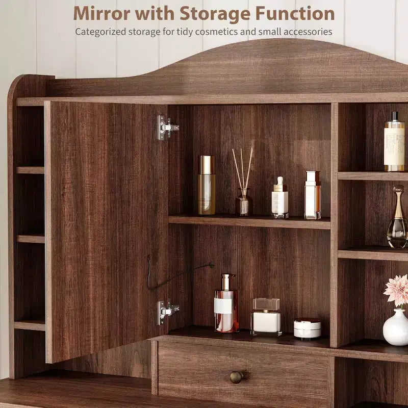 47 Makeup Vanity Desk with Mirror and Lights, Large Dressing Table with 10 Drawers & 8 Open Storage & Stool, Makeup Table Set for Bedroom