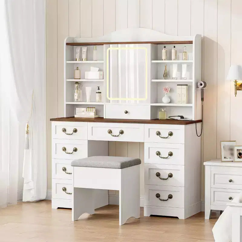 47 Makeup Vanity Desk with Mirror and Lights, Large Dressing Table with 10 Drawers & 8 Open Storage & Stool, Makeup Table Set for Bedroom