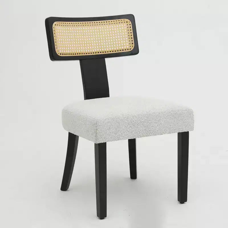 Set of 2 Upholstered Dining Chairs with Rattan Back and Black Wood Frame, Beige Fabric