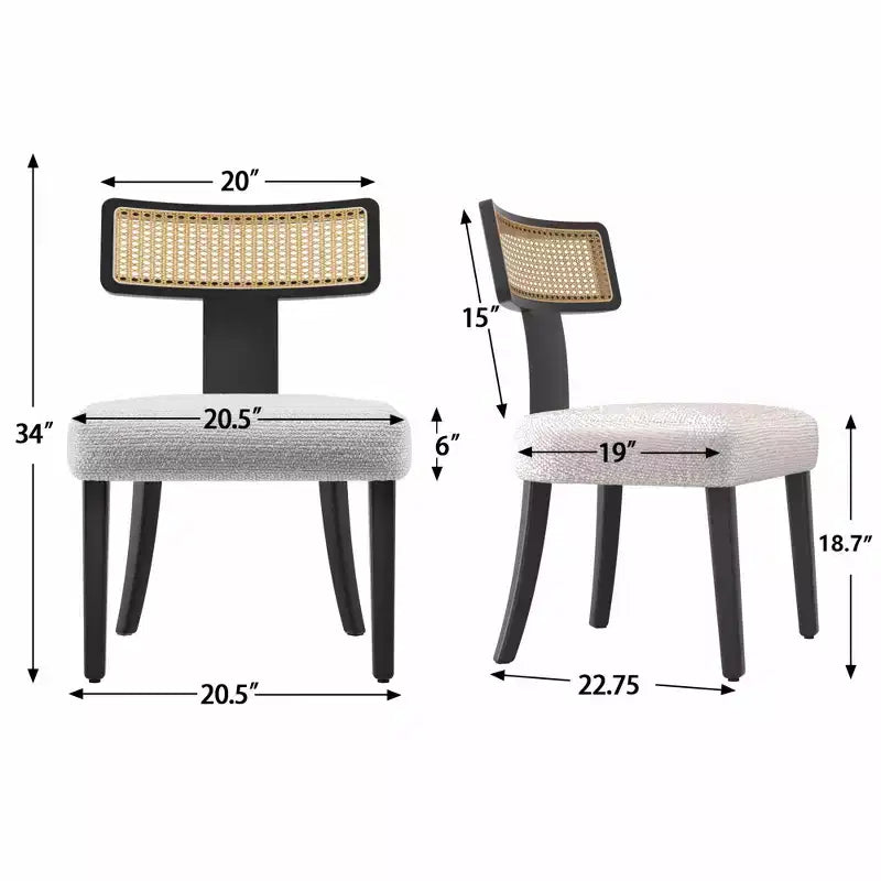 Set of 2 Upholstered Dining Chairs with Rattan Back and Black Wood Frame, Beige Fabric