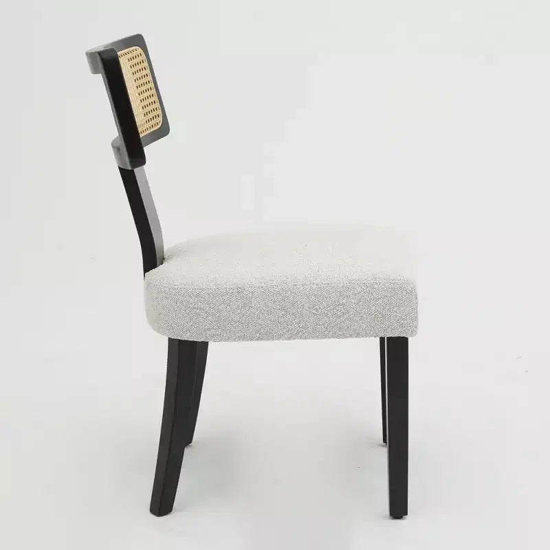 Set of 2 Upholstered Dining Chairs with Rattan Back and Black Wood Frame, Beige Fabric