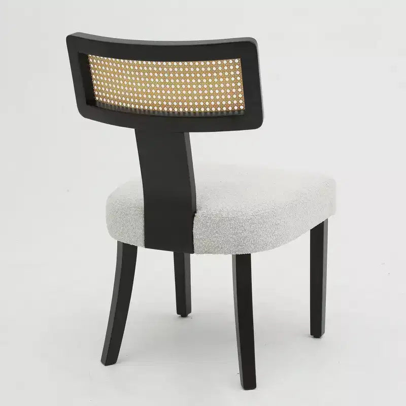Set of 2 Upholstered Dining Chairs with Rattan Back and Black Wood Frame, Beige Fabric