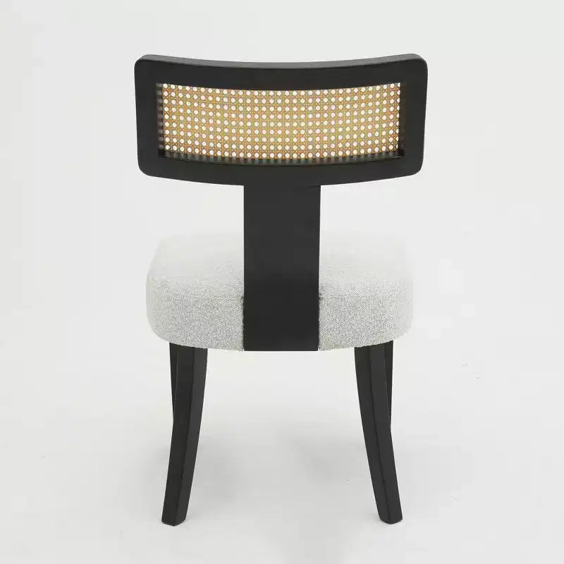 Set of 2 Upholstered Dining Chairs with Rattan Back and Black Wood Frame, Beige Fabric