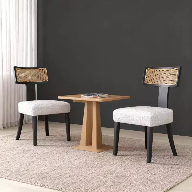 Set of 2 Upholstered Dining Chairs with Rattan Back and Black Wood Frame, Beige Fabric