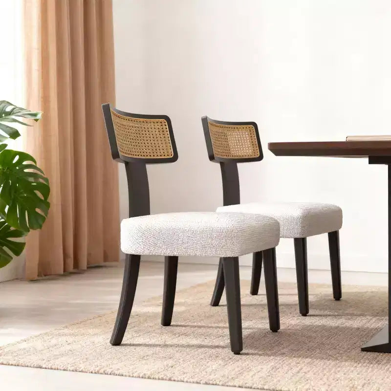 Set of 2 Upholstered Dining Chairs with Rattan Back and Black Wood Frame, Beige Fabric