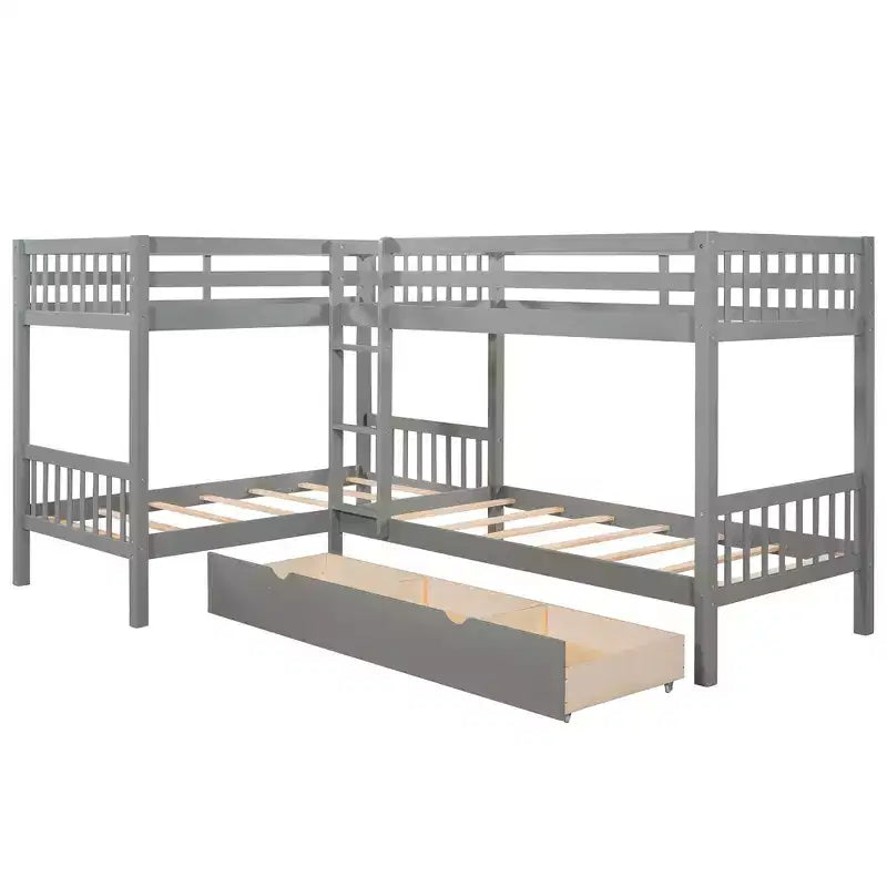 L-Shaped Twin over Twin Bunk Bed with Trundle for 4 Kids, Wood Twin Size Bunk Bed Frame with Drawers