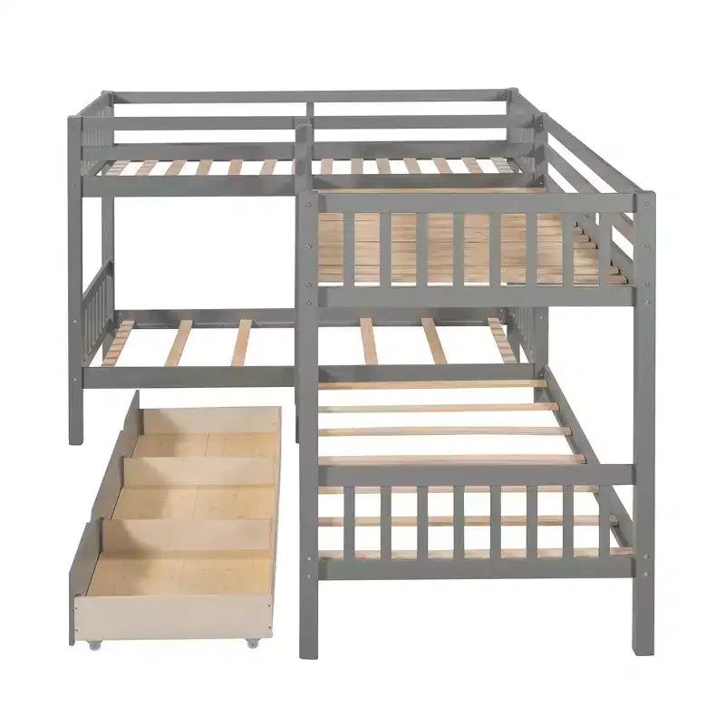 L-Shaped Twin over Twin Bunk Bed with Trundle for 4 Kids, Wood Twin Size Bunk Bed Frame with Drawers