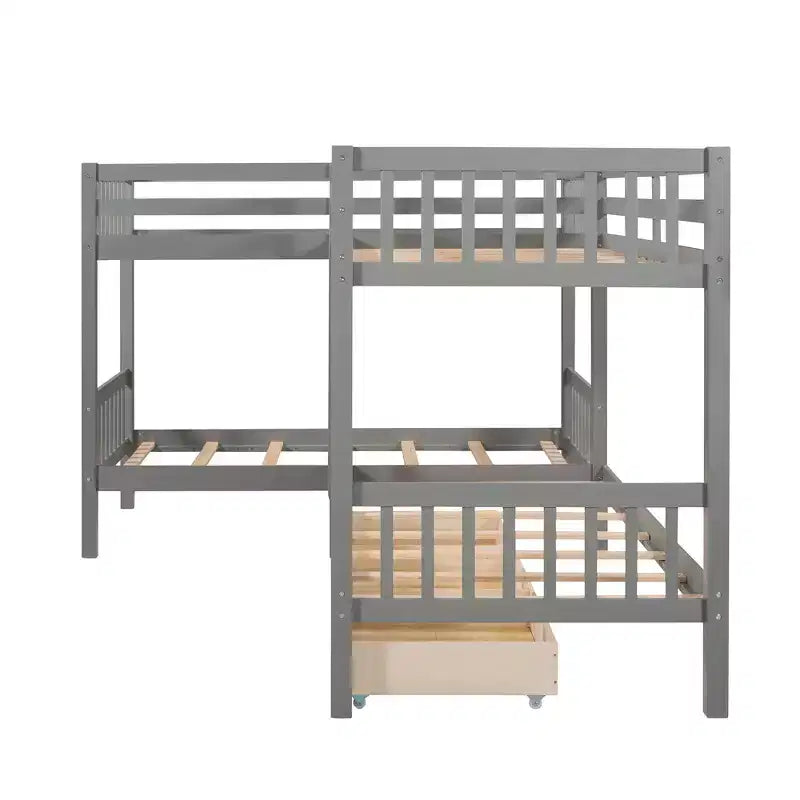 L-Shaped Twin over Twin Bunk Bed with Trundle for 4 Kids, Wood Twin Size Bunk Bed Frame with Drawers