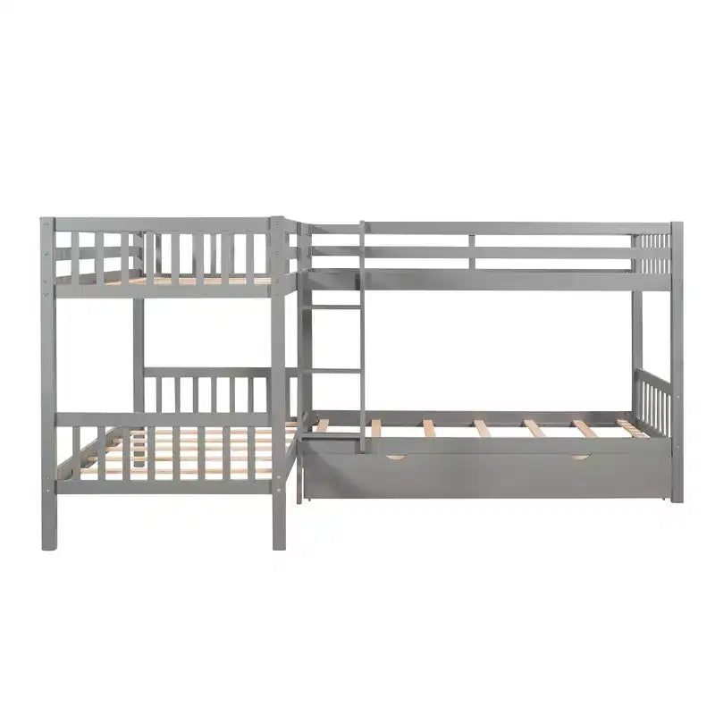 L-Shaped Twin over Twin Bunk Bed with Trundle for 4 Kids, Wood Twin Size Bunk Bed Frame with Drawers