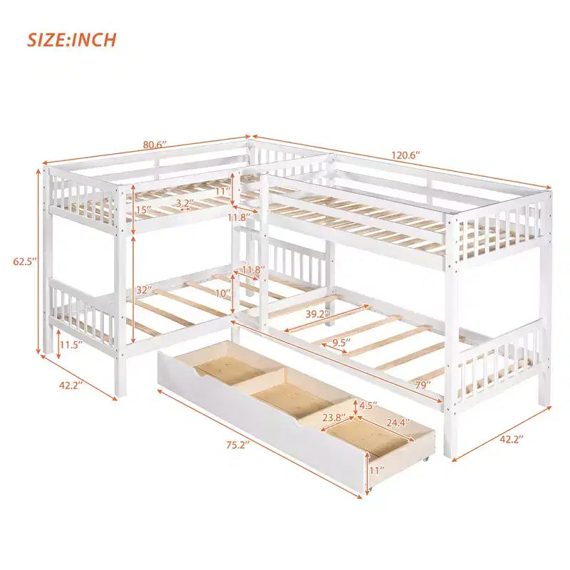 L-Shaped Twin over Twin Bunk Bed with Trundle for 4 Kids, Wood Twin Size Bunk Bed Frame with Drawers