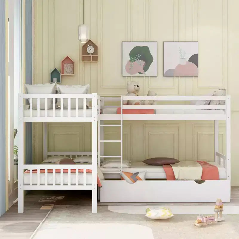 L-Shaped Twin over Twin Bunk Bed with Trundle for 4 Kids, Wood Twin Size Bunk Bed Frame with Drawers