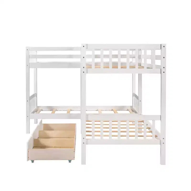 L-Shaped Twin over Twin Bunk Bed with Trundle for 4 Kids, Wood Twin Size Bunk Bed Frame with Drawers