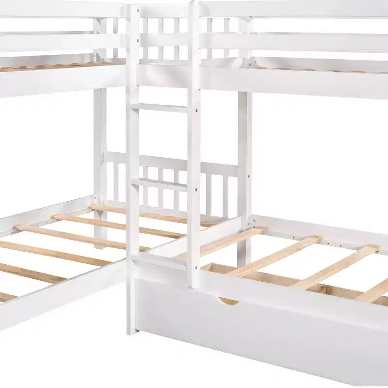 L-Shaped Twin over Twin Bunk Bed with Trundle for 4 Kids, Wood Twin Size Bunk Bed Frame with Drawers