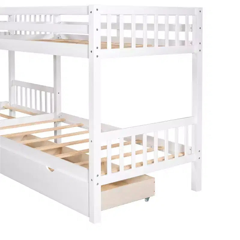L-Shaped Twin over Twin Bunk Bed with Trundle for 4 Kids, Wood Twin Size Bunk Bed Frame with Drawers
