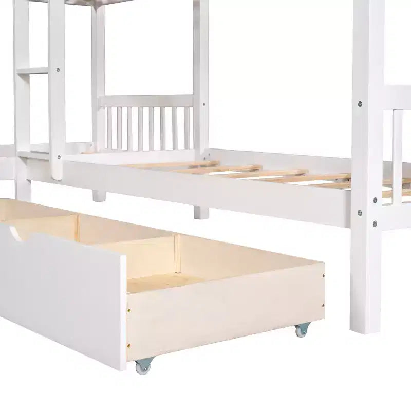 L-Shaped Twin over Twin Bunk Bed with Trundle for 4 Kids, Wood Twin Size Bunk Bed Frame with Drawers