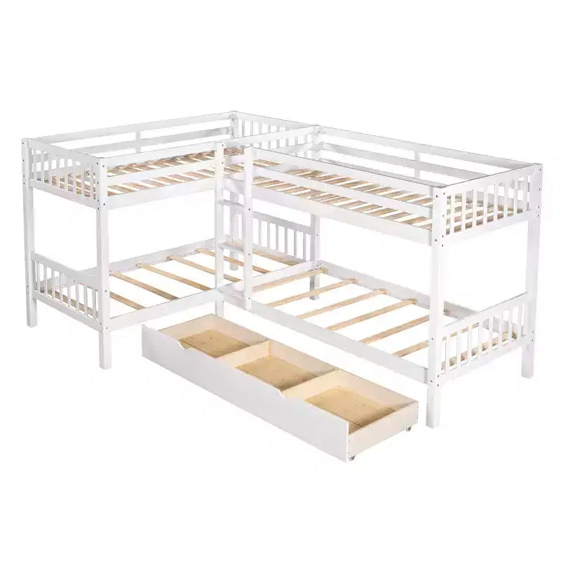 L-Shaped Twin over Twin Bunk Bed with Trundle for 4 Kids, Wood Twin Size Bunk Bed Frame with Drawers