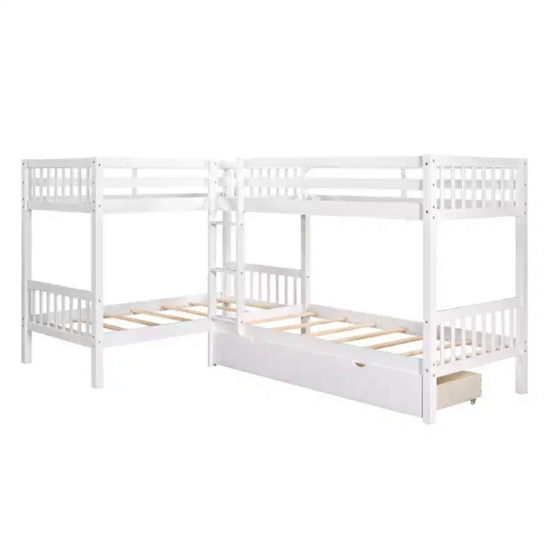 L-Shaped Twin over Twin Bunk Bed with Trundle for 4 Kids, Wood Twin Size Bunk Bed Frame with Drawers