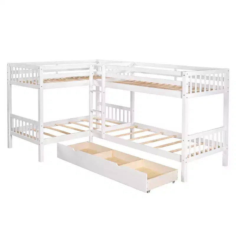 L-Shaped Twin over Twin Bunk Bed with Trundle for 4 Kids, Wood Twin Size Bunk Bed Frame with Drawers