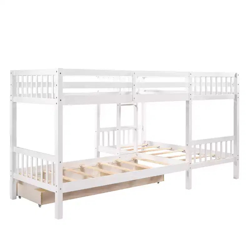 L-Shaped Twin over Twin Bunk Bed with Trundle for 4 Kids, Wood Twin Size Bunk Bed Frame with Drawers