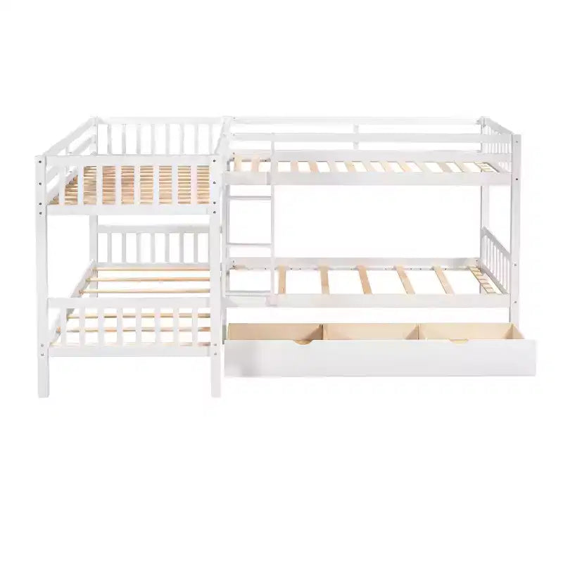 L-Shaped Twin over Twin Bunk Bed with Trundle for 4 Kids, Wood Twin Size Bunk Bed Frame with Drawers