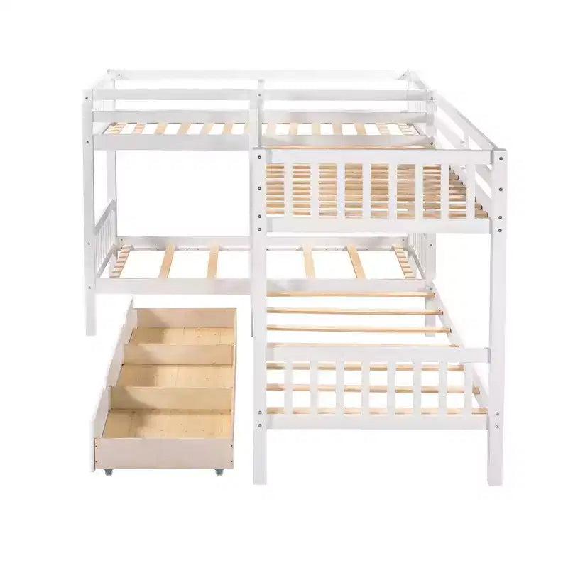 L-Shaped Twin over Twin Bunk Bed with Trundle for 4 Kids, Wood Twin Size Bunk Bed Frame with Drawers