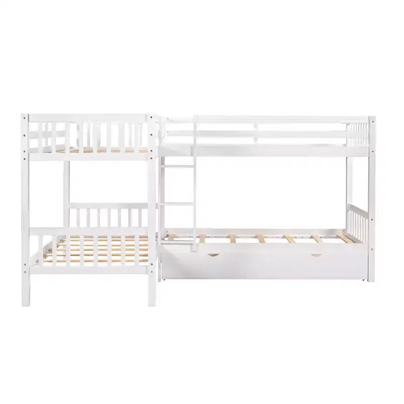 L-Shaped Twin over Twin Bunk Bed with Trundle for 4 Kids, Wood Twin Size Bunk Bed Frame with Drawers