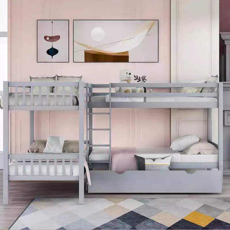 L-Shaped Twin over Twin Bunk Bed with Trundle for 4 Kids, Wood Twin Size Bunk Bed Frame with Drawers
