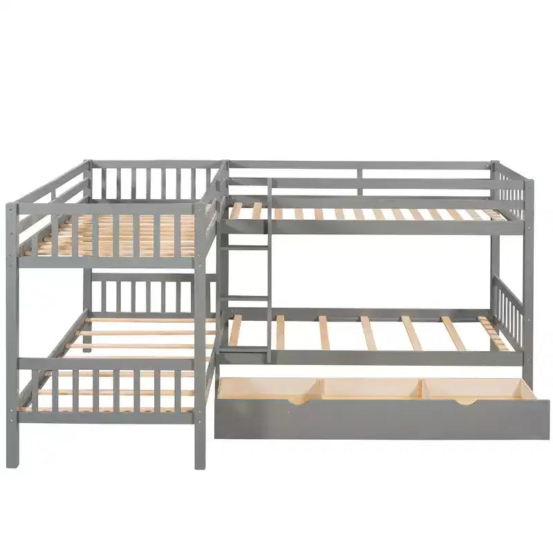 L-Shaped Twin over Twin Bunk Bed with Trundle for 4 Kids, Wood Twin Size Bunk Bed Frame with Drawers