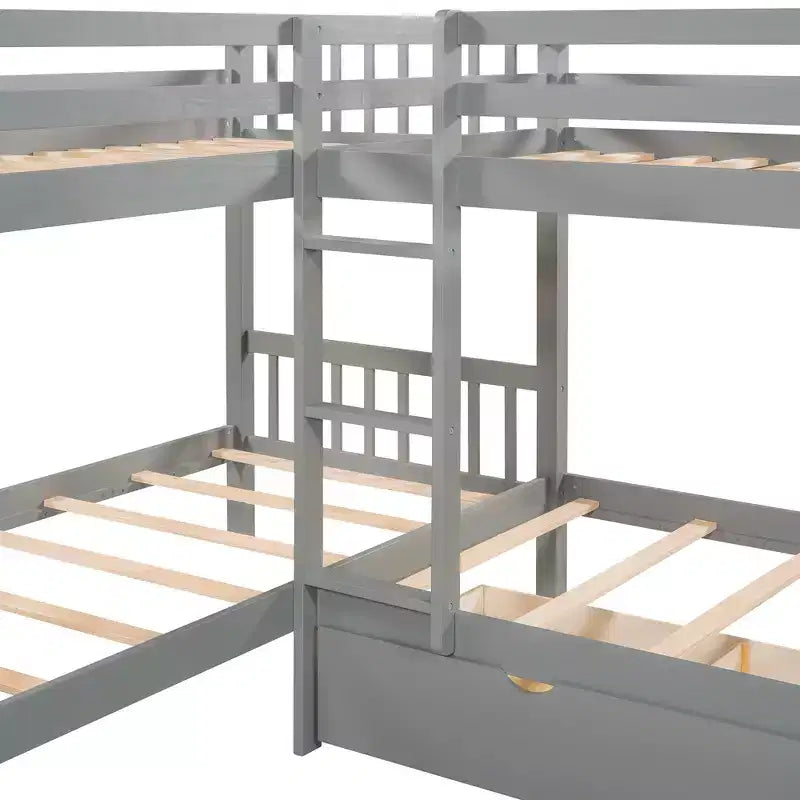 L-Shaped Twin over Twin Bunk Bed with Trundle for 4 Kids, Wood Twin Size Bunk Bed Frame with Drawers