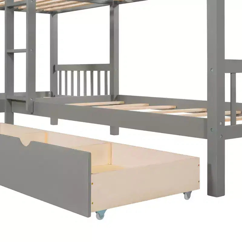 L-Shaped Twin over Twin Bunk Bed with Trundle for 4 Kids, Wood Twin Size Bunk Bed Frame with Drawers