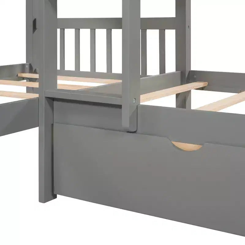 L-Shaped Twin over Twin Bunk Bed with Trundle for 4 Kids, Wood Twin Size Bunk Bed Frame with Drawers
