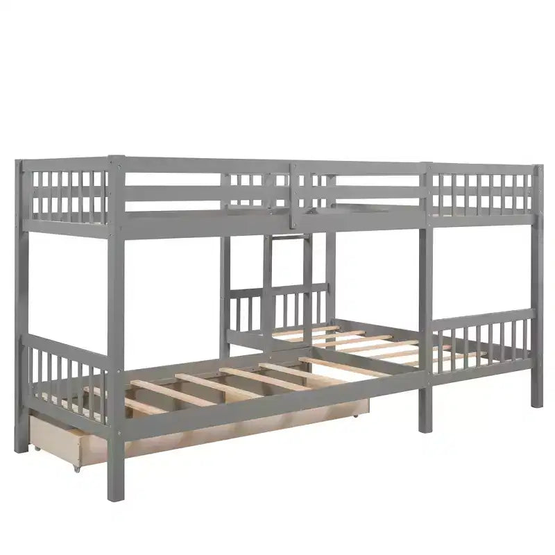 L-Shaped Twin over Twin Bunk Bed with Trundle for 4 Kids, Wood Twin Size Bunk Bed Frame with Drawers