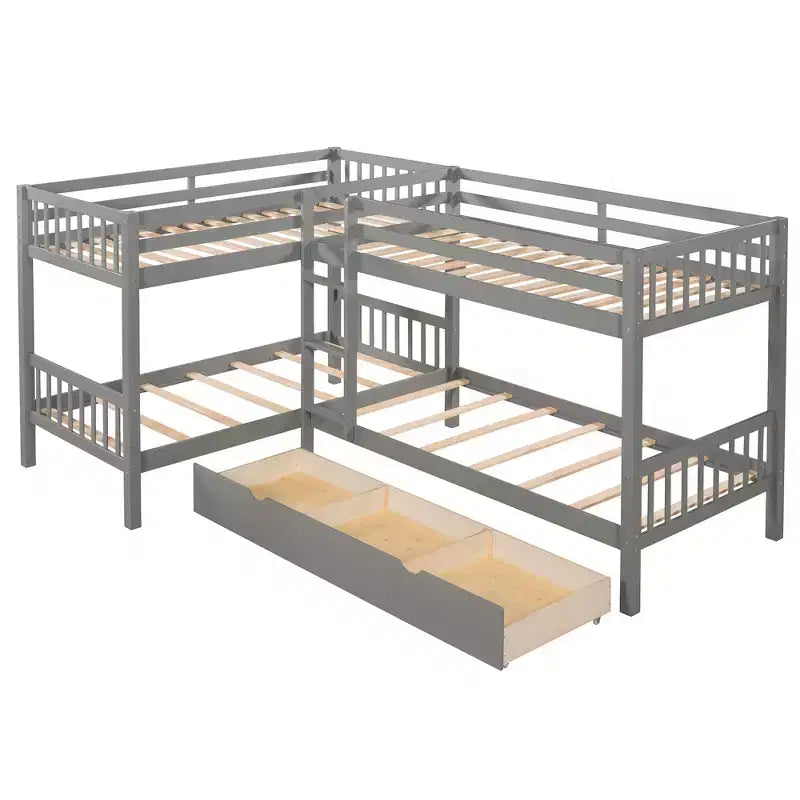 L-Shaped Twin over Twin Bunk Bed with Trundle for 4 Kids, Wood Twin Size Bunk Bed Frame with Drawers