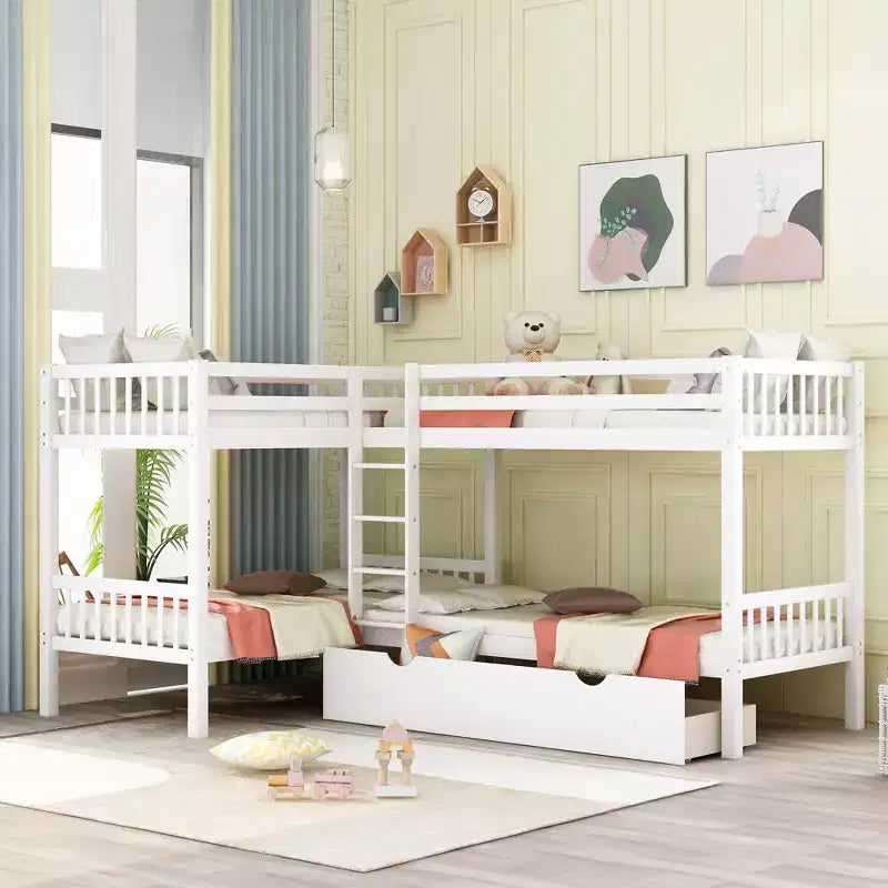 L-Shaped Twin over Twin Bunk Bed with Trundle for 4 Kids, Wood Twin Size Bunk Bed Frame with Drawers