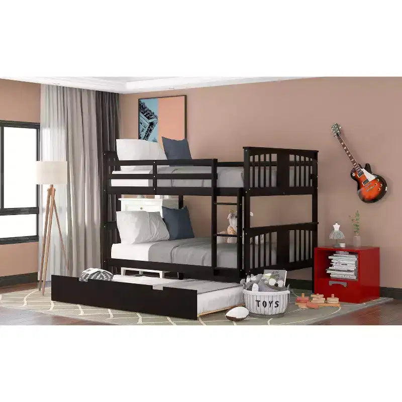 Full over Full Bunk Bed with Twin Trundle, Full Size Wood Bunk Bed Frame for Kids Teens Adults, Can be Convertible to 2 Beds
