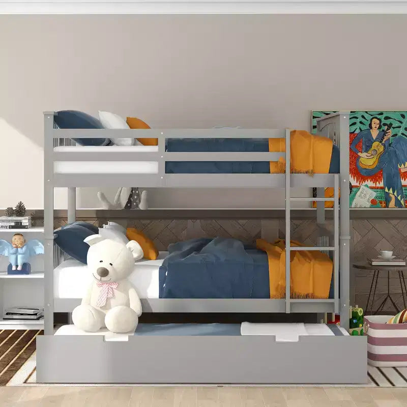 Full over Full Bunk Bed with Twin Trundle, Full Size Wood Bunk Bed Frame for Kids Teens Adults, Can be Convertible to 2 Beds