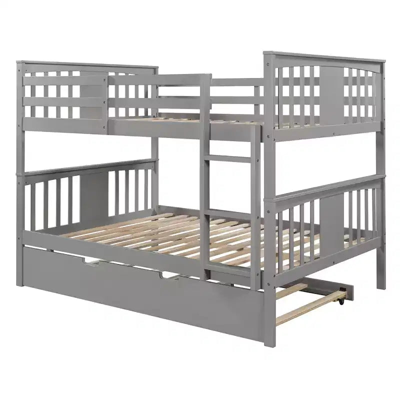 Full over Full Bunk Bed with Twin Trundle, Full Size Wood Bunk Bed Frame for Kids Teens Adults, Can be Convertible to 2 Beds