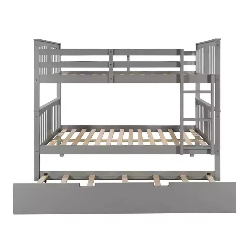 Full over Full Bunk Bed with Twin Trundle, Full Size Wood Bunk Bed Frame for Kids Teens Adults, Can be Convertible to 2 Beds