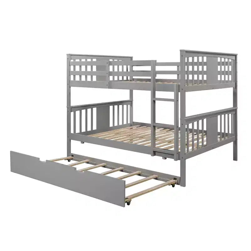 Full over Full Bunk Bed with Twin Trundle, Full Size Wood Bunk Bed Frame for Kids Teens Adults, Can be Convertible to 2 Beds