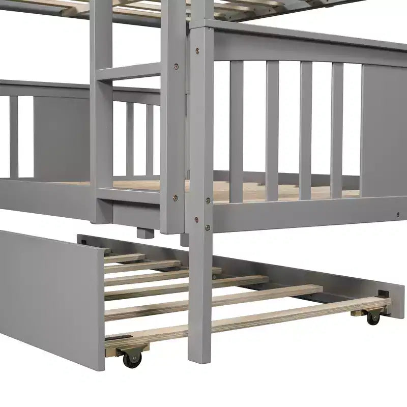 Full over Full Bunk Bed with Twin Trundle, Full Size Wood Bunk Bed Frame for Kids Teens Adults, Can be Convertible to 2 Beds