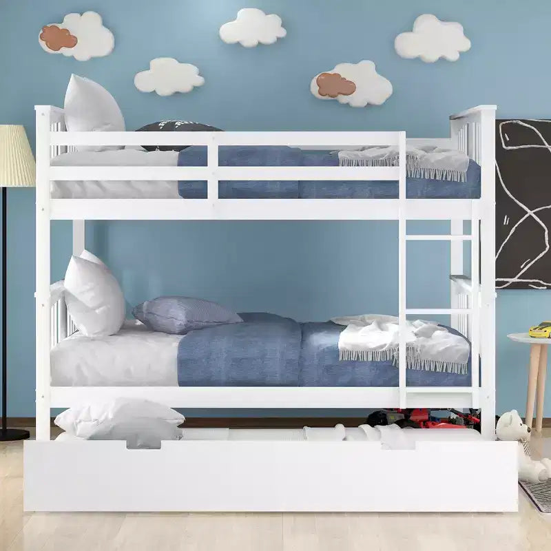 Full over Full Bunk Bed with Twin Trundle, Full Size Wood Bunk Bed Frame for Kids Teens Adults, Can be Convertible to 2 Beds