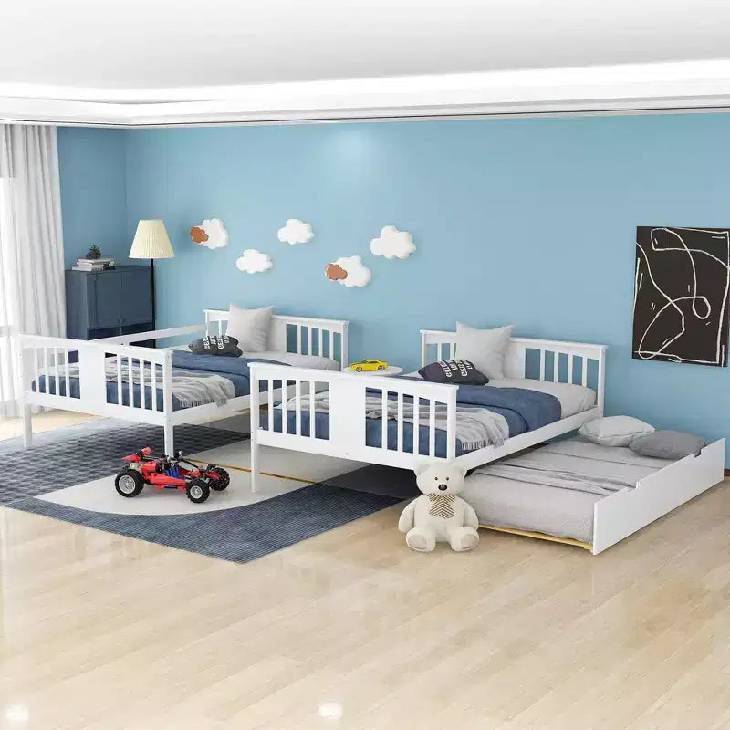 Full over Full Bunk Bed with Twin Trundle, Full Size Wood Bunk Bed Frame for Kids Teens Adults, Can be Convertible to 2 Beds
