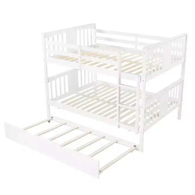 Full over Full Bunk Bed with Twin Trundle, Full Size Wood Bunk Bed Frame for Kids Teens Adults, Can be Convertible to 2 Beds